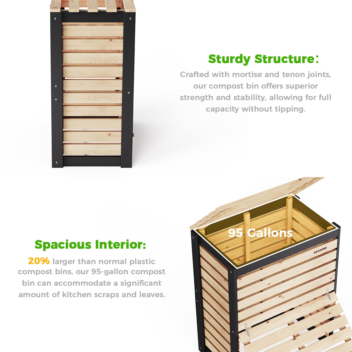 Large Solid Wood Outdoor Compost Bin — Pull-out Door, Canada Spruce