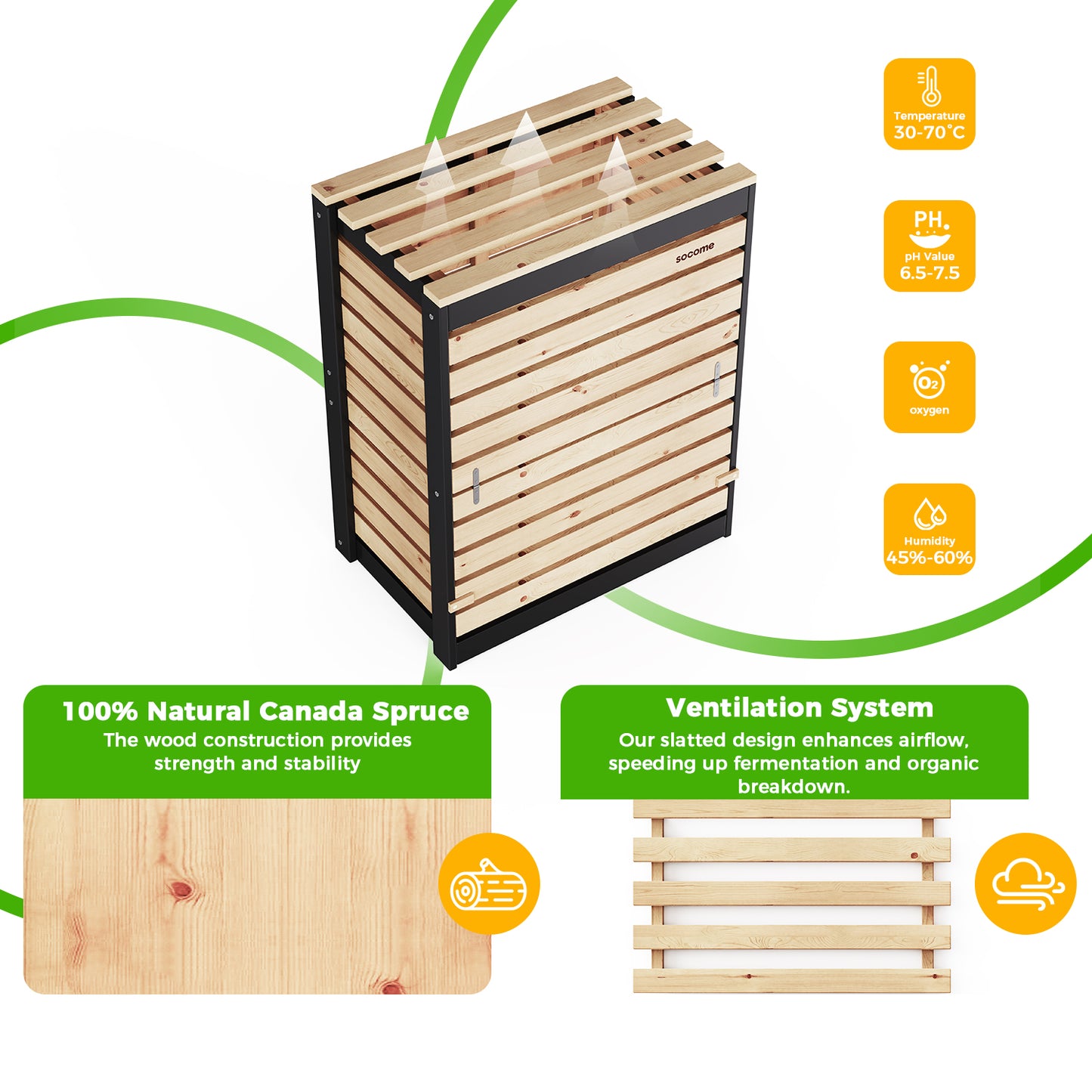 Large Solid Wood Outdoor Compost Bin — Pull-out Door, Canada Spruce