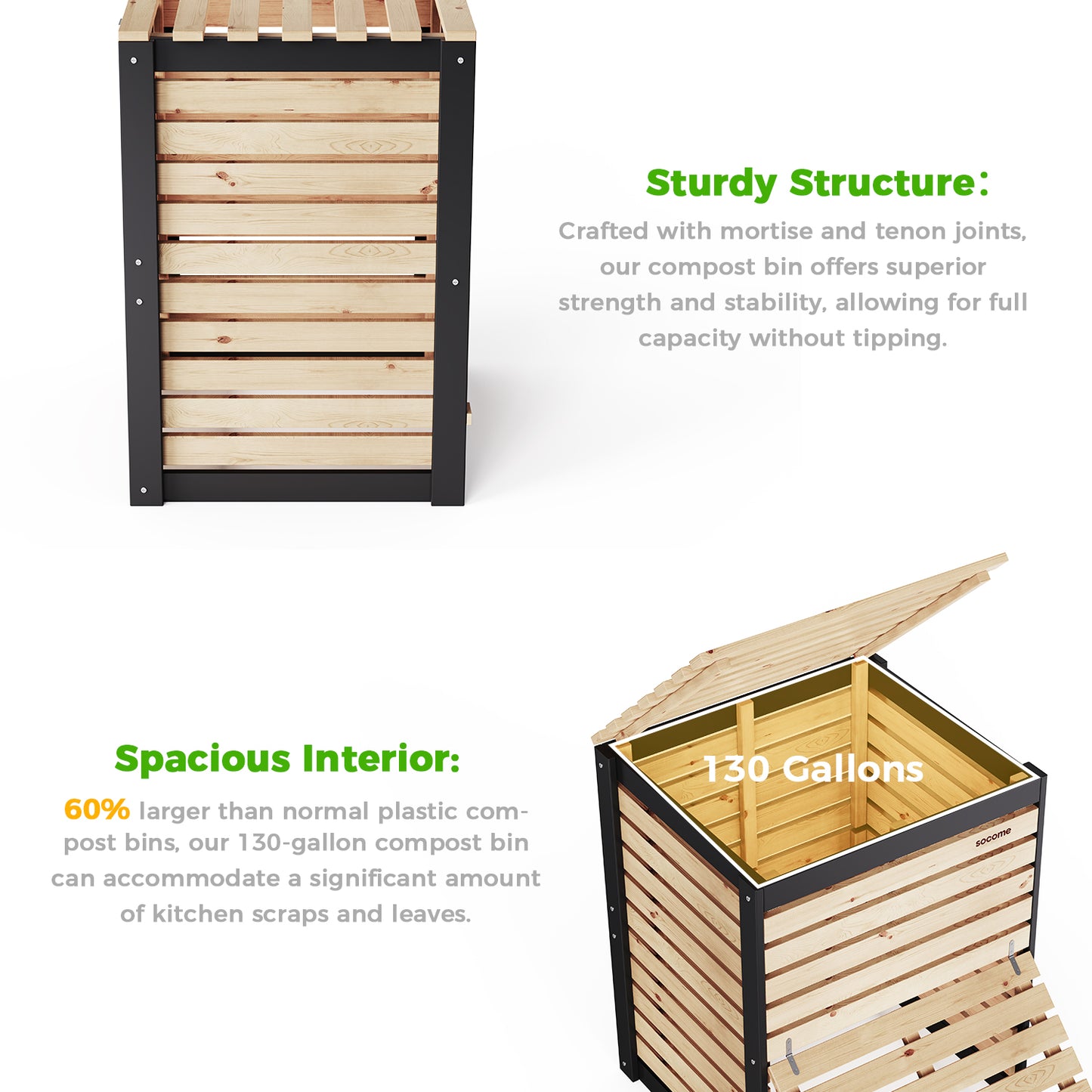 Large Solid Wood Outdoor Compost Bin — Pull-out Door, Canada Spruce
