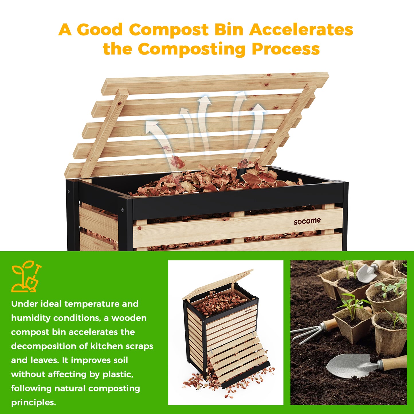 Large Solid Wood Outdoor Compost Bin — Pull-out Door, Canada Spruce