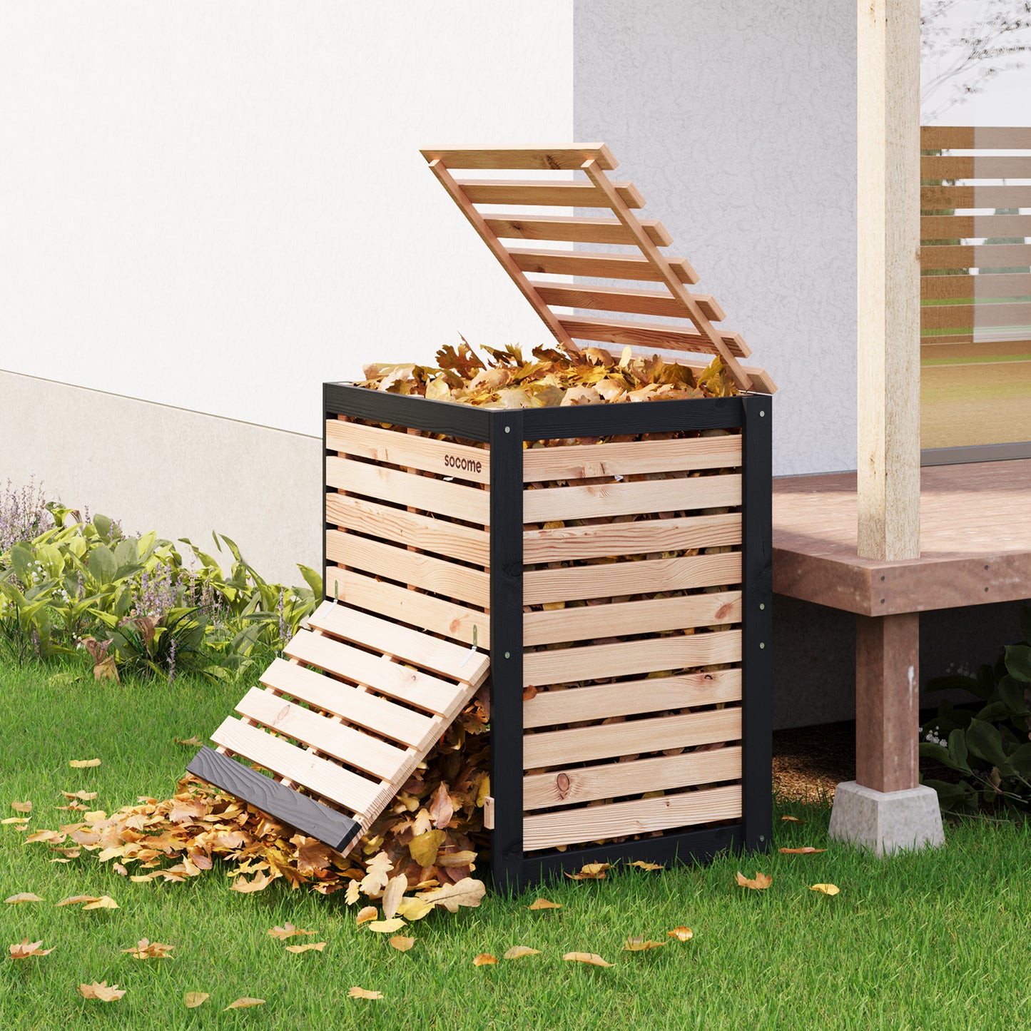 Large Solid Wood Outdoor Compost Bin — Pull-out Door, Canada Spruce