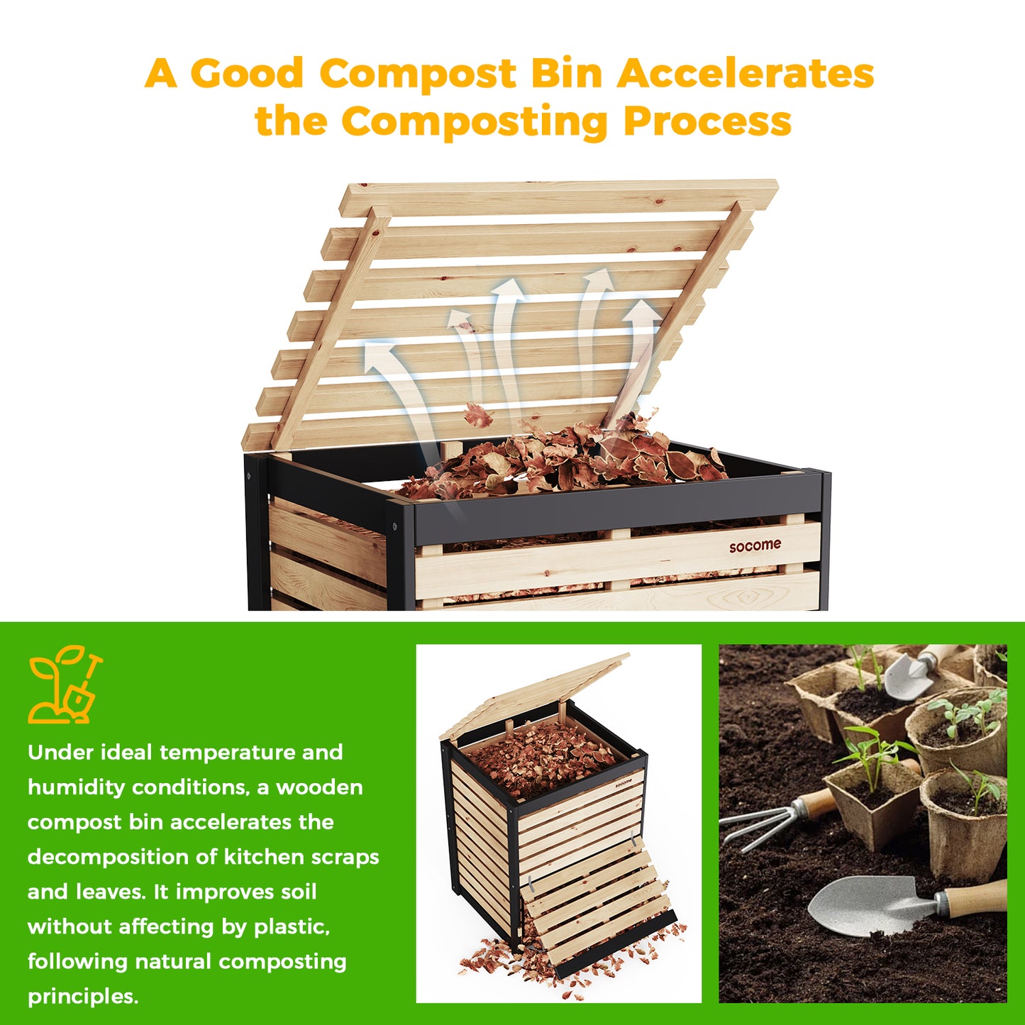 Large Solid Wood Outdoor Compost Bin — Pull-out Door, Canada Spruce