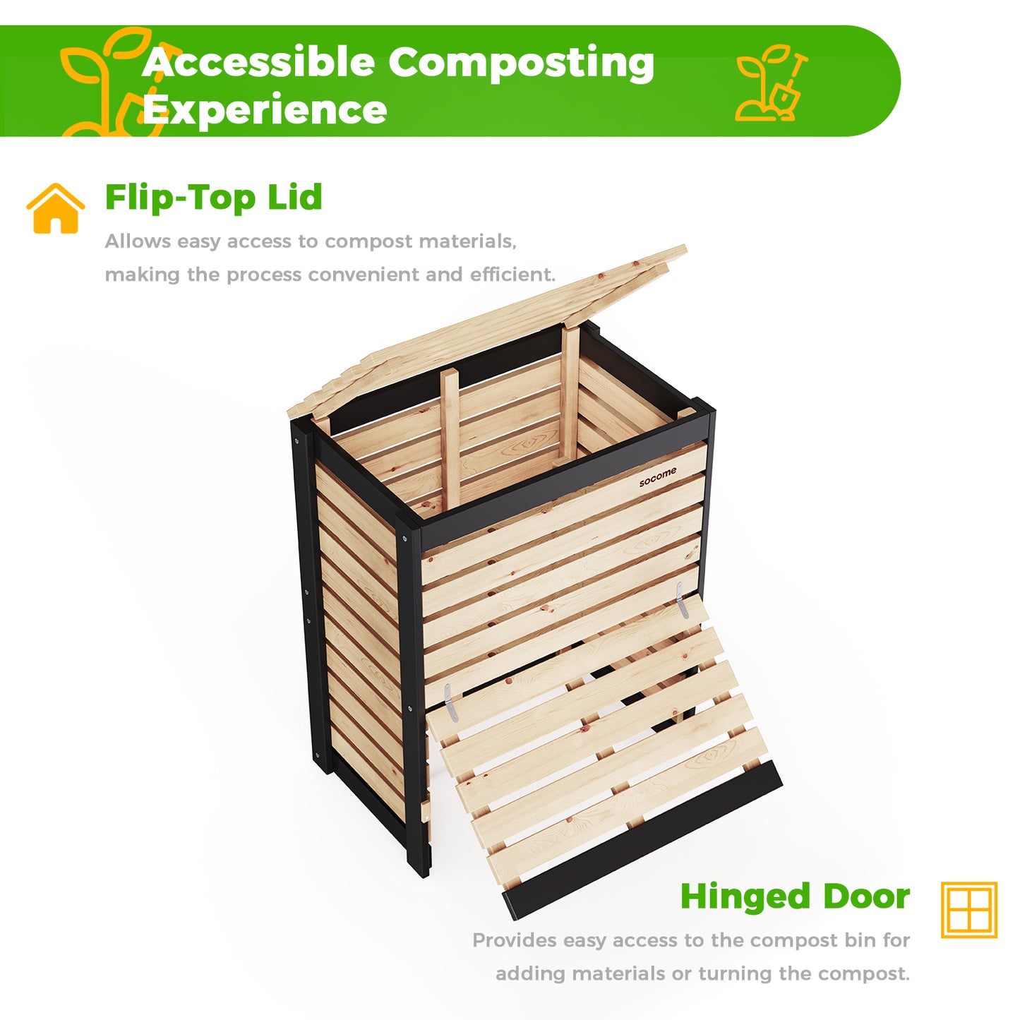 Large Solid Wood Outdoor Compost Bin — Pull-out Door, Canada Spruce